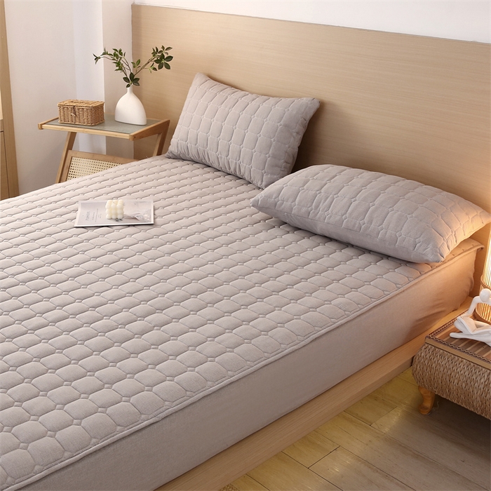 91家纺网 家纺一手货源 找家纺 梵克保罗 2025新款无印风全棉色织水洗棉夹棉床笠 千鸟格灰