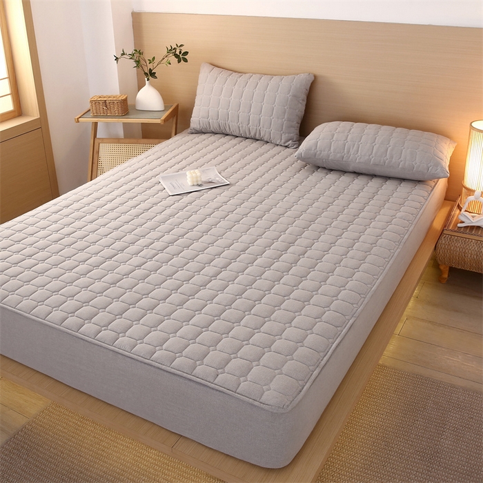 91家纺网 家纺一手货源 找家纺 梵克保罗 2025新款无印风全棉色织水洗棉夹棉床笠 千鸟格灰