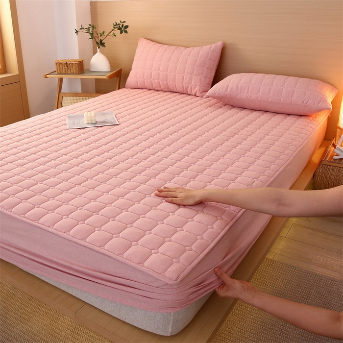 91家纺网 家纺一手货源 找家纺 梵克保罗 2025新款无印风全棉色织水洗棉夹棉床笠 千鸟格粉