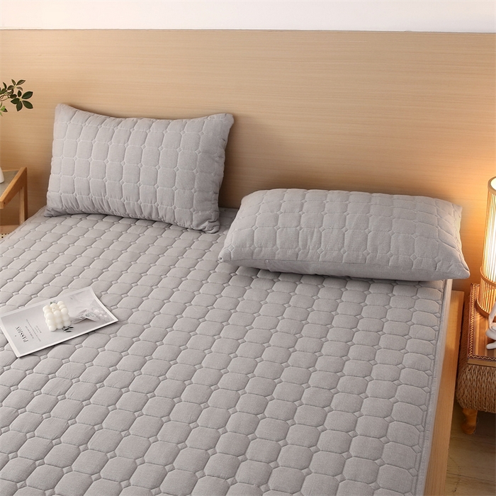 91家纺网 家纺一手货源 找家纺 梵克保罗 2025新款无印风全棉色织水洗棉夹棉床笠 千鸟格灰