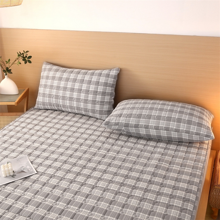 91家纺网 家纺一手货源 找家纺 梵克保罗 2025新款无印风全棉色织水洗棉夹棉床笠 凯里灰