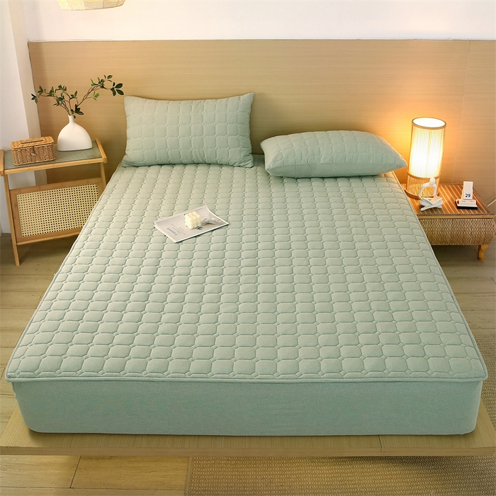 91家纺网 家纺一手货源 找家纺 梵克保罗 2025新款无印风全棉色织水洗棉夹棉床笠 千鸟格绿