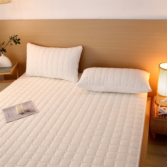 91家纺网 家纺一手货源 找家纺 梵克保罗 2025新款无印风全棉色织水洗棉夹棉床笠 无印纯净白