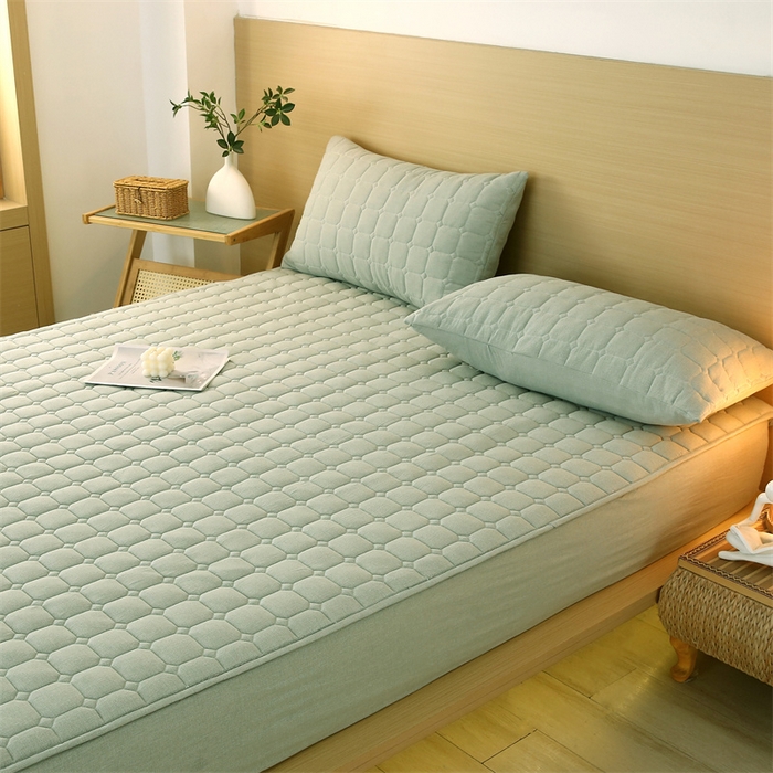 91家纺网 家纺一手货源 找家纺 梵克保罗 2025新款无印风全棉色织水洗棉夹棉床笠 千鸟格绿