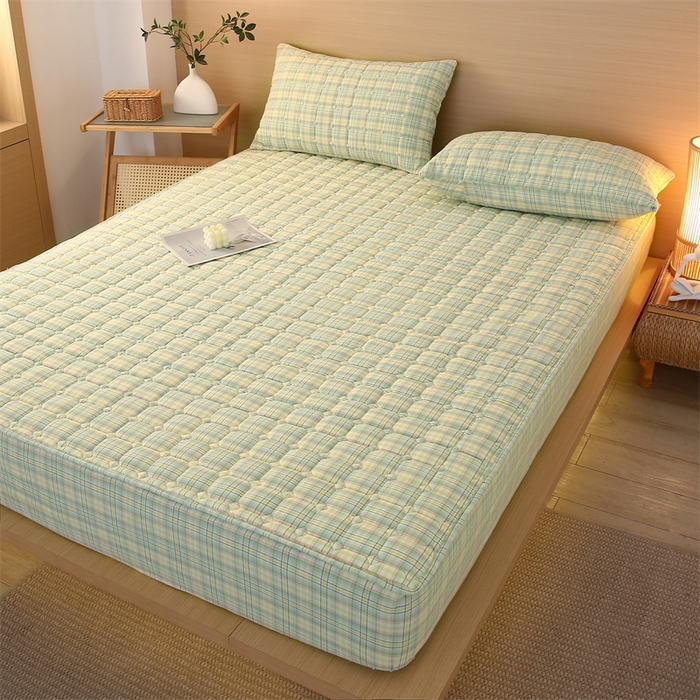 91家纺网 家纺一手货源 找家纺 梵克保罗 2025新款无印风全棉色织水洗棉夹棉床笠 凯里绿