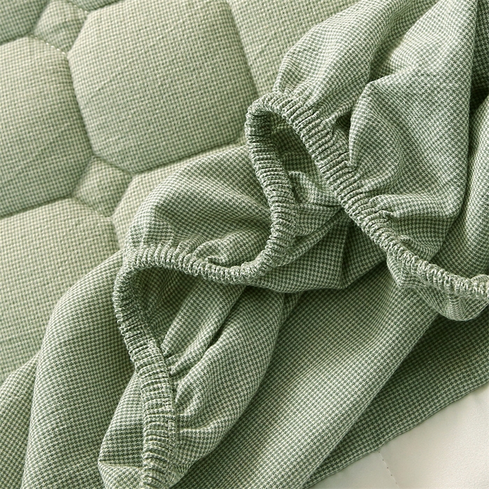 91家纺网 家纺一手货源 找家纺 梵克保罗 2025新款无印风全棉色织水洗棉夹棉床笠 千鸟格绿