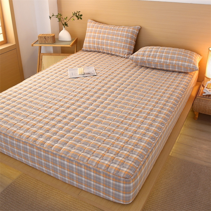 91家纺网 家纺一手货源 找家纺 梵克保罗 2025新款无印风全棉色织水洗棉夹棉床笠 美拉德橘