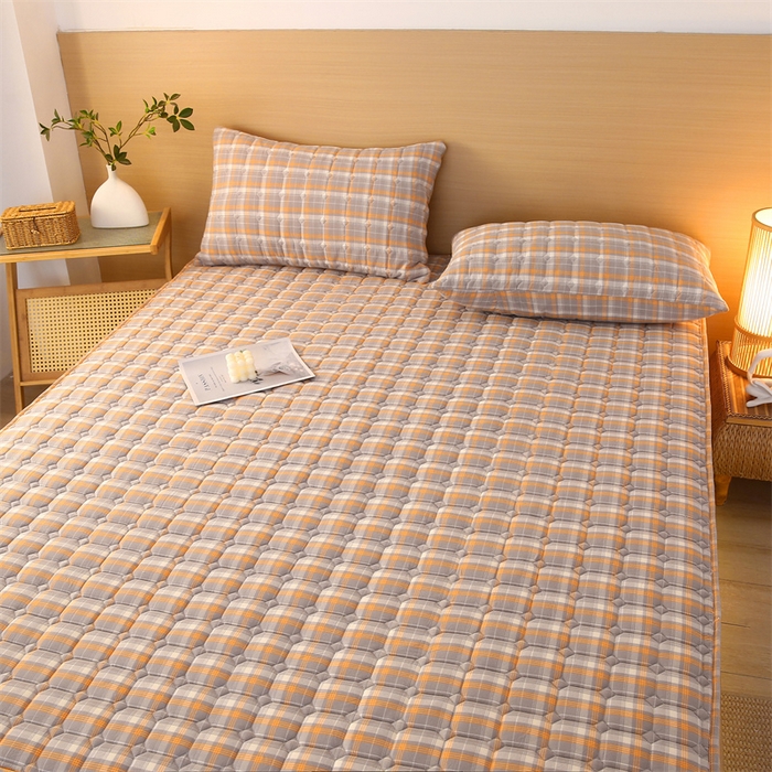 91家纺网 家纺一手货源 找家纺 梵克保罗 2025新款无印风全棉色织水洗棉夹棉床笠 美拉德橘