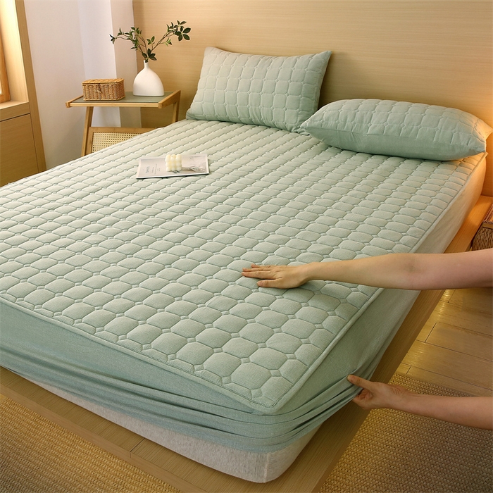 梵克保罗 2025新款无印风全棉色织水洗棉夹棉床笠 千鸟格绿