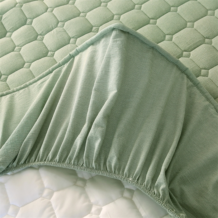 91家纺网 家纺一手货源 找家纺 梵克保罗 2025新款无印风全棉色织水洗棉夹棉床笠 千鸟格绿