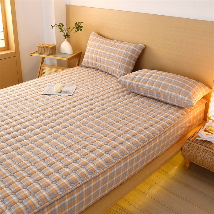 91家纺网 家纺一手货源 找家纺 梵克保罗 2025新款无印风全棉色织水洗棉夹棉床笠 美拉德橘