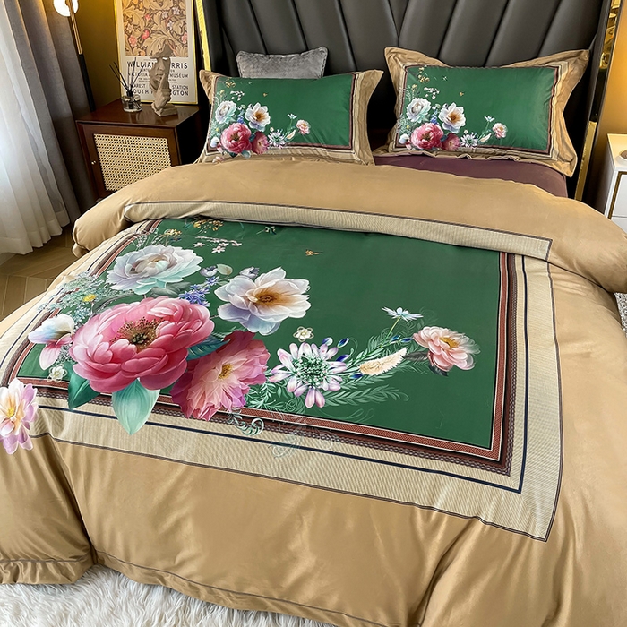 91家纺网 家纺一手货源 找家纺 梵克保罗 2025秋冬新品有氧臻棉绒数码印花9斤单品四件套牛奶绒兔毛绒 流金岁月-咖