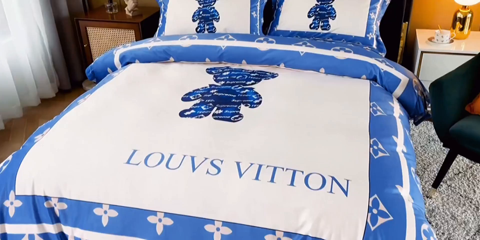 91家纺网 家纺一手货源 找家纺 梵克保罗 2025秋冬新品有氧臻棉绒数码印花9斤单品四件套牛奶绒兔毛绒 泰迪熊-蓝