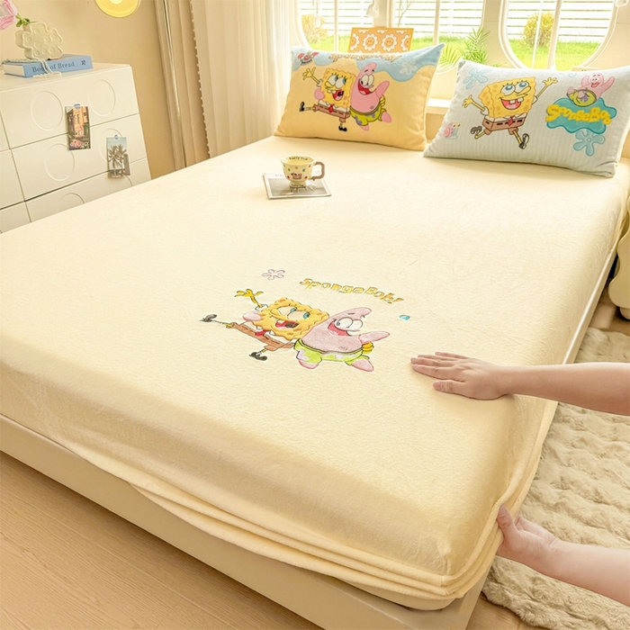 雯豆家纺 正版授权IP纯色贴布绣牛奶绒床笠三件套加厚卡通床垫保护套 海绵宝宝