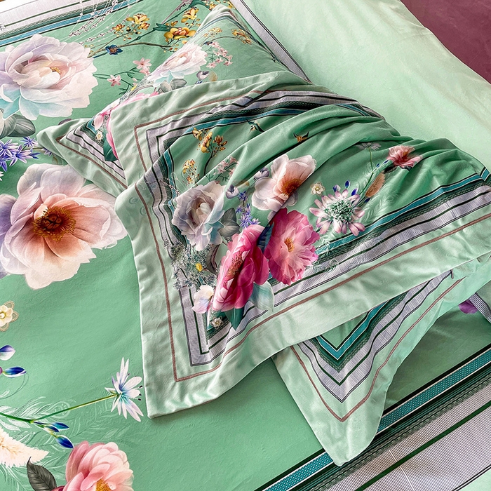 91家纺网 家纺一手货源 找家纺 梵克保罗 2025秋冬新品有氧臻棉绒数码印花9斤单品四件套牛奶绒兔毛绒-单品系列 流金岁月-绿