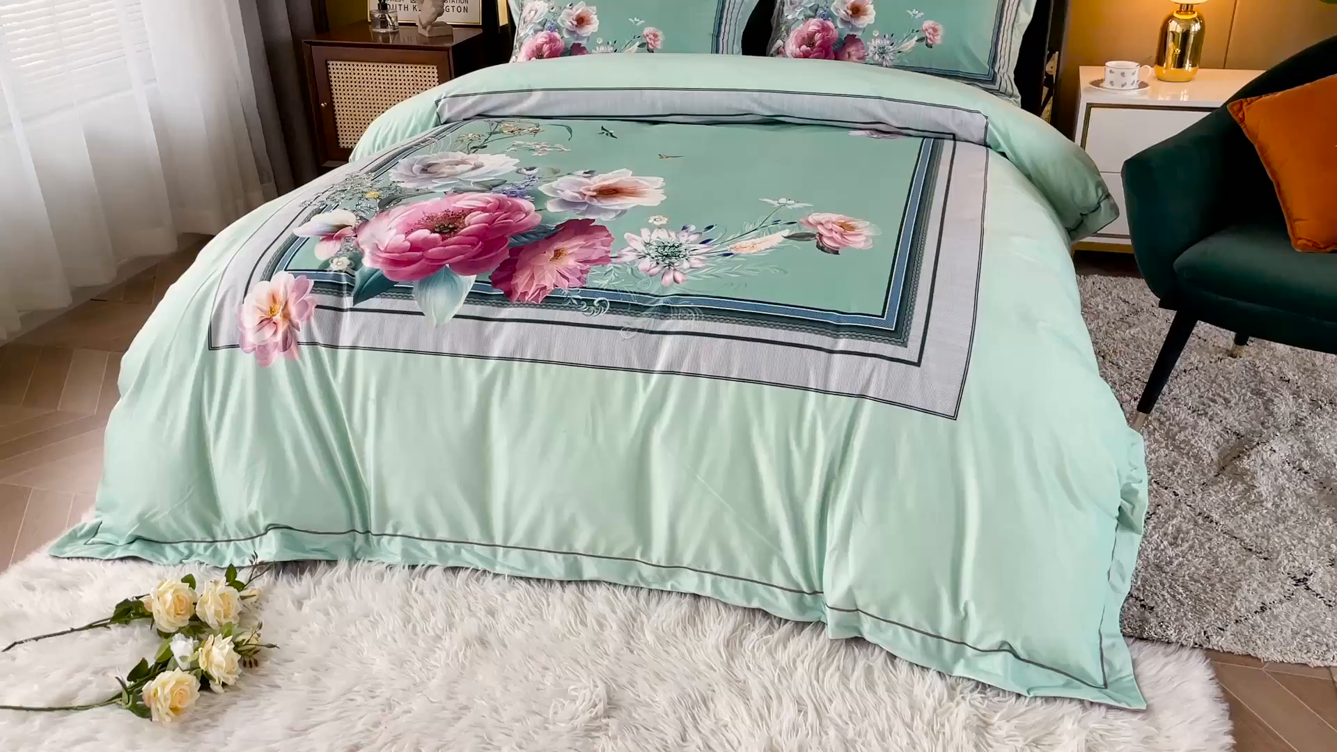 91家纺网 家纺一手货源 找家纺 梵克保罗 2025秋冬新品有氧臻棉绒数码印花9斤单品四件套牛奶绒兔毛绒-单品系列 流金岁月-绿