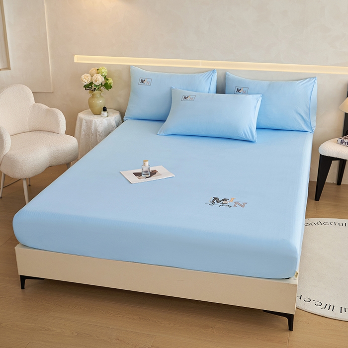 91家纺网 家纺一手货源 找家纺 爱诗诺家纺 2025新款亲肤A类锦小棉水洗色织原棉抗菌透气床笠四季款床罩床垫保护套 锦小棉床笠--天蓝