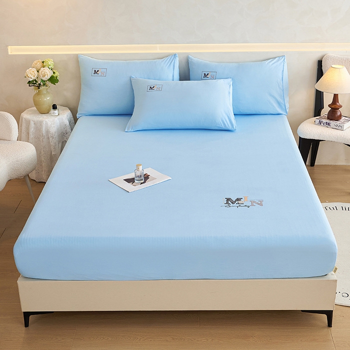 91家纺网 家纺一手货源 找家纺 爱诗诺家纺 2025新款亲肤A类锦小棉水洗色织原棉抗菌透气床笠四季款床罩床垫保护套 锦小棉床笠--天蓝