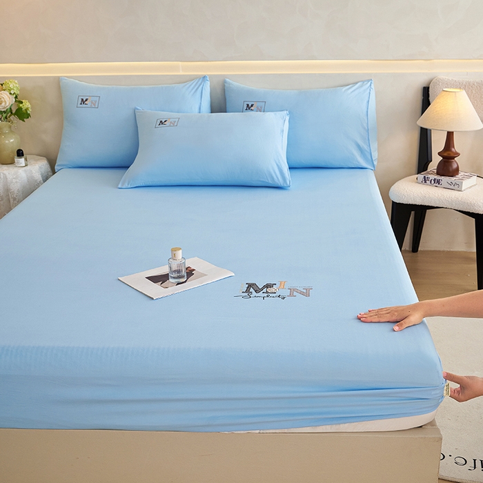 91家纺网 家纺一手货源 找家纺 爱诗诺家纺 2025新款亲肤A类锦小棉水洗色织原棉抗菌透气床笠四季款床罩床垫保护套 锦小棉床笠--天蓝