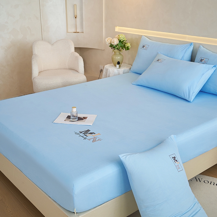 91家纺网 家纺一手货源 找家纺 爱诗诺家纺 2025新款亲肤A类锦小棉水洗色织原棉抗菌透气床笠四季款床罩床垫保护套 锦小棉床笠--天蓝