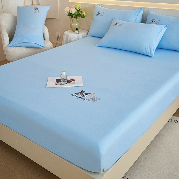 91家纺网 家纺一手货源 找家纺 爱诗诺家纺 2025新款亲肤A类锦小棉水洗色织原棉抗菌透气床笠四季款床罩床垫保护套 锦小棉床笠--天蓝