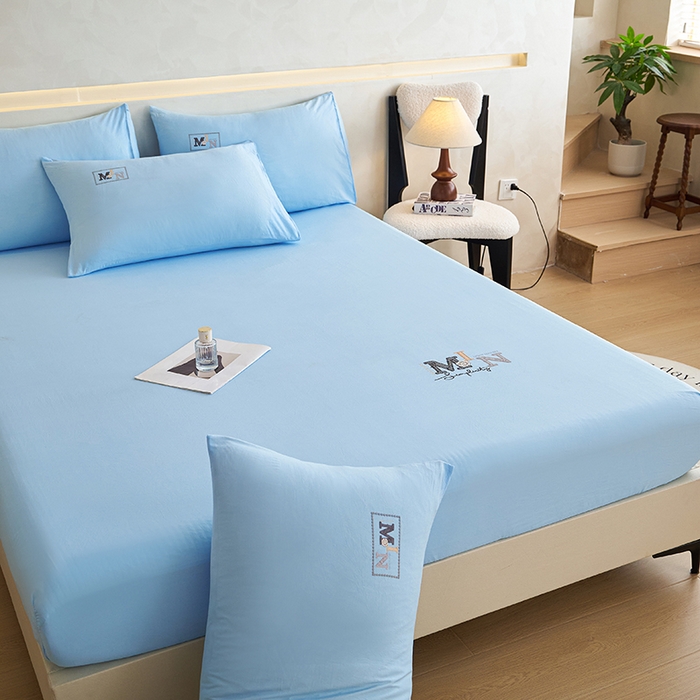 91家纺网 家纺一手货源 找家纺 爱诗诺家纺 2025新款亲肤A类锦小棉水洗色织原棉抗菌透气床笠四季款床罩床垫保护套 锦小棉床笠--天蓝