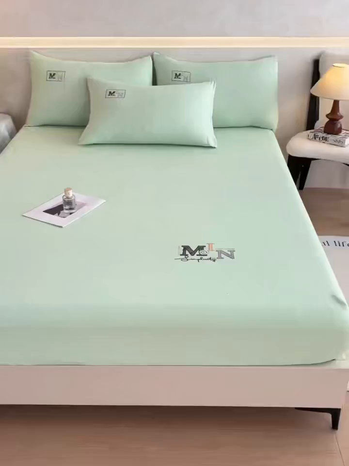 91家纺网 家纺一手货源 找家纺 爱诗诺家纺 2025新款亲肤A类锦小棉水洗色织原棉抗菌透气床笠四季款床罩床垫保护套 锦小棉床笠--水绿