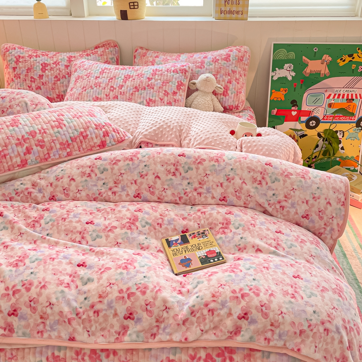 91家纺网 家纺一手货源 找家纺 贝扬思家纺 2025新款高克重牛奶绒豆豆被套床盖四件套-悦心系列 悦心-玫瑰粉黛