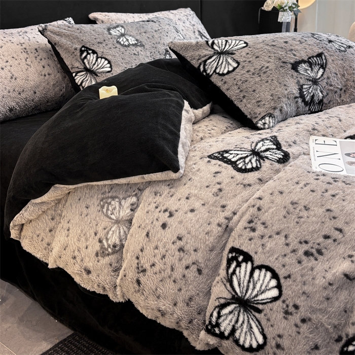 91家纺网 家纺一手货源 找家纺 莉莉安家纺 2025新款加厚保暖兔毛绒四件套 美拉德-蝶舞