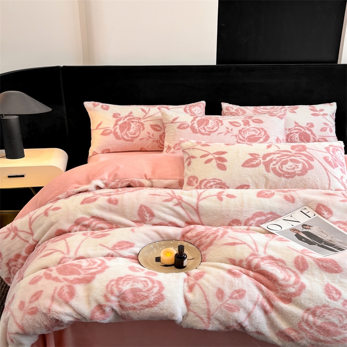 91家纺网 家纺一手货源 找家纺 莉莉安家纺 2025新款加厚保暖兔毛绒四件套 美拉德-粉蔷薇