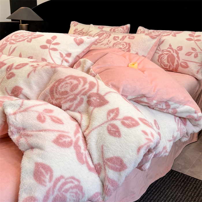 91家纺网 家纺一手货源 找家纺 莉莉安家纺 2025新款加厚保暖兔毛绒四件套 美拉德-粉蔷薇