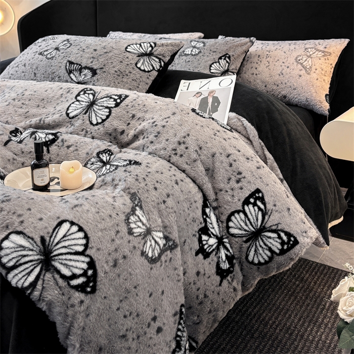 91家纺网 家纺一手货源 找家纺 莉莉安家纺 2025新款加厚保暖兔毛绒四件套 美拉德-蝶舞