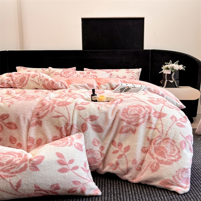 91家纺网 家纺一手货源 找家纺 莉莉安家纺 2025新款加厚保暖兔毛绒四件套 美拉德-粉蔷薇