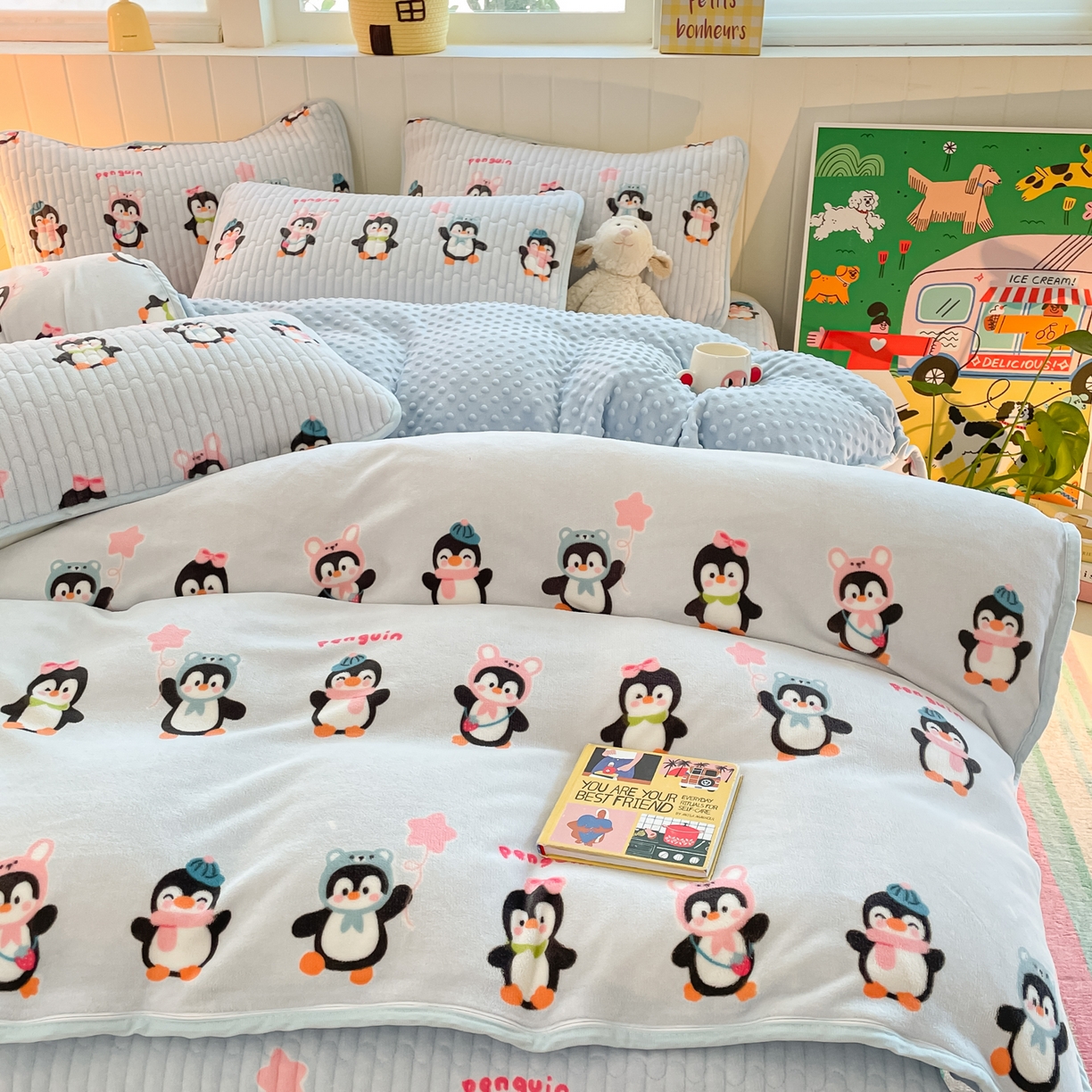 91家纺网 家纺一手货源 找家纺 贝扬思家纺 2025新款高克重牛奶绒豆豆被套床盖四件套-悦心系列 悦心-企鹅星球