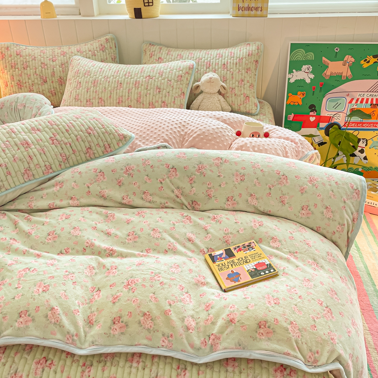 91家纺网 家纺一手货源 找家纺 贝扬思家纺 2025新款高克重牛奶绒豆豆被套床盖四件套-悦心系列 悦心-青提奶泡