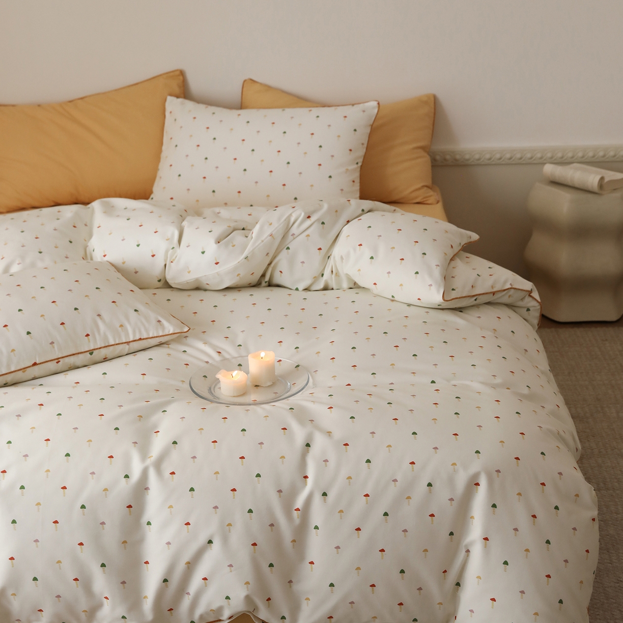 时年家纺 2025新款全棉纯棉生态磨毛嵌绳款系列四件套 芝士蘑菇