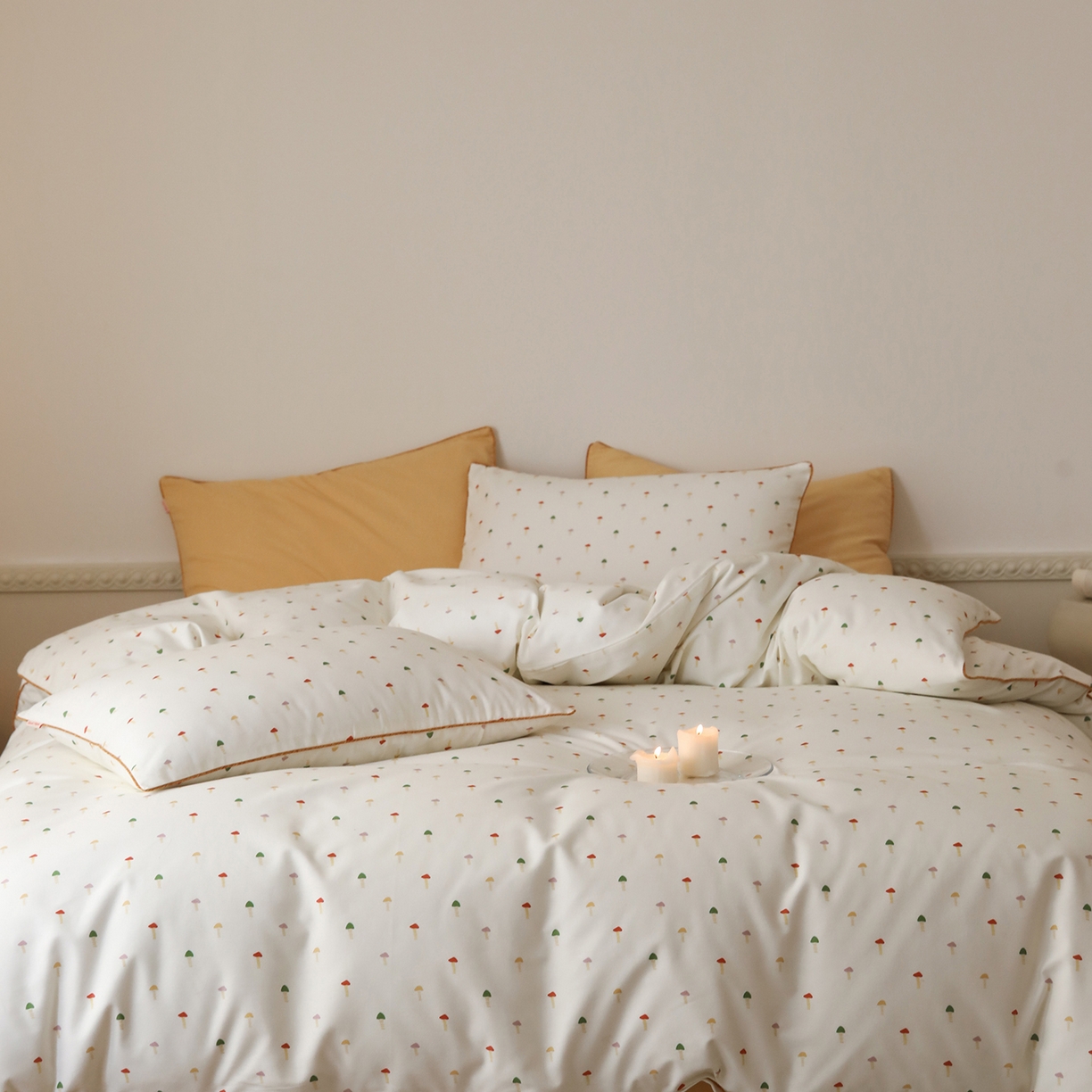 91家纺网 家纺一手货源 找家纺 时年家纺 2025新款全棉纯棉生态磨毛嵌绳款系列四件套 芝士蘑菇