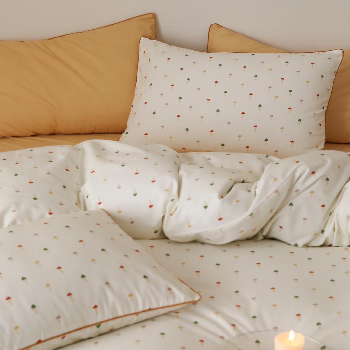 91家纺网 家纺一手货源 找家纺 时年家纺 2025新款全棉纯棉生态磨毛嵌绳款系列四件套 芝士蘑菇