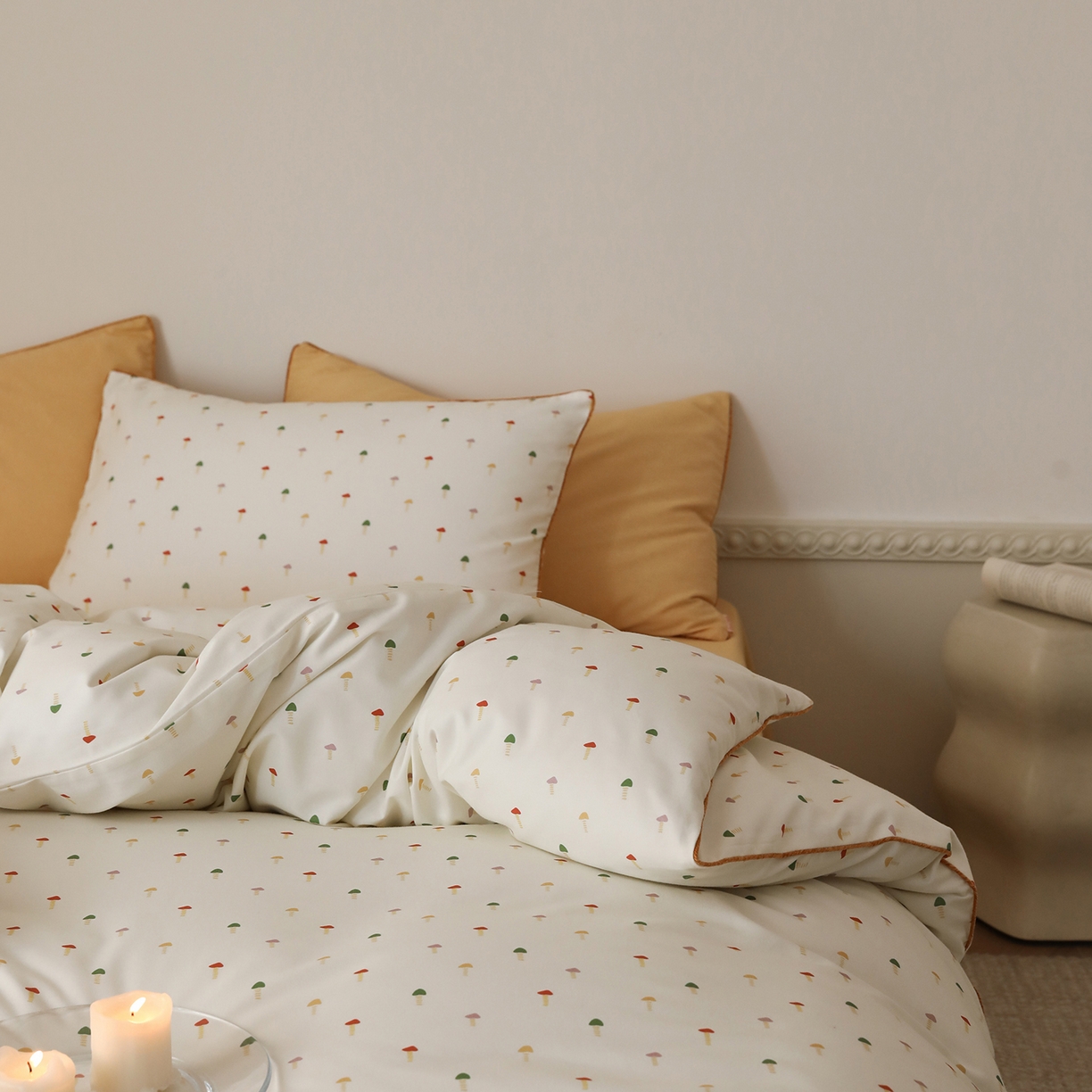 91家纺网 家纺一手货源 找家纺 时年家纺 2025新款全棉纯棉生态磨毛嵌绳款系列四件套 芝士蘑菇