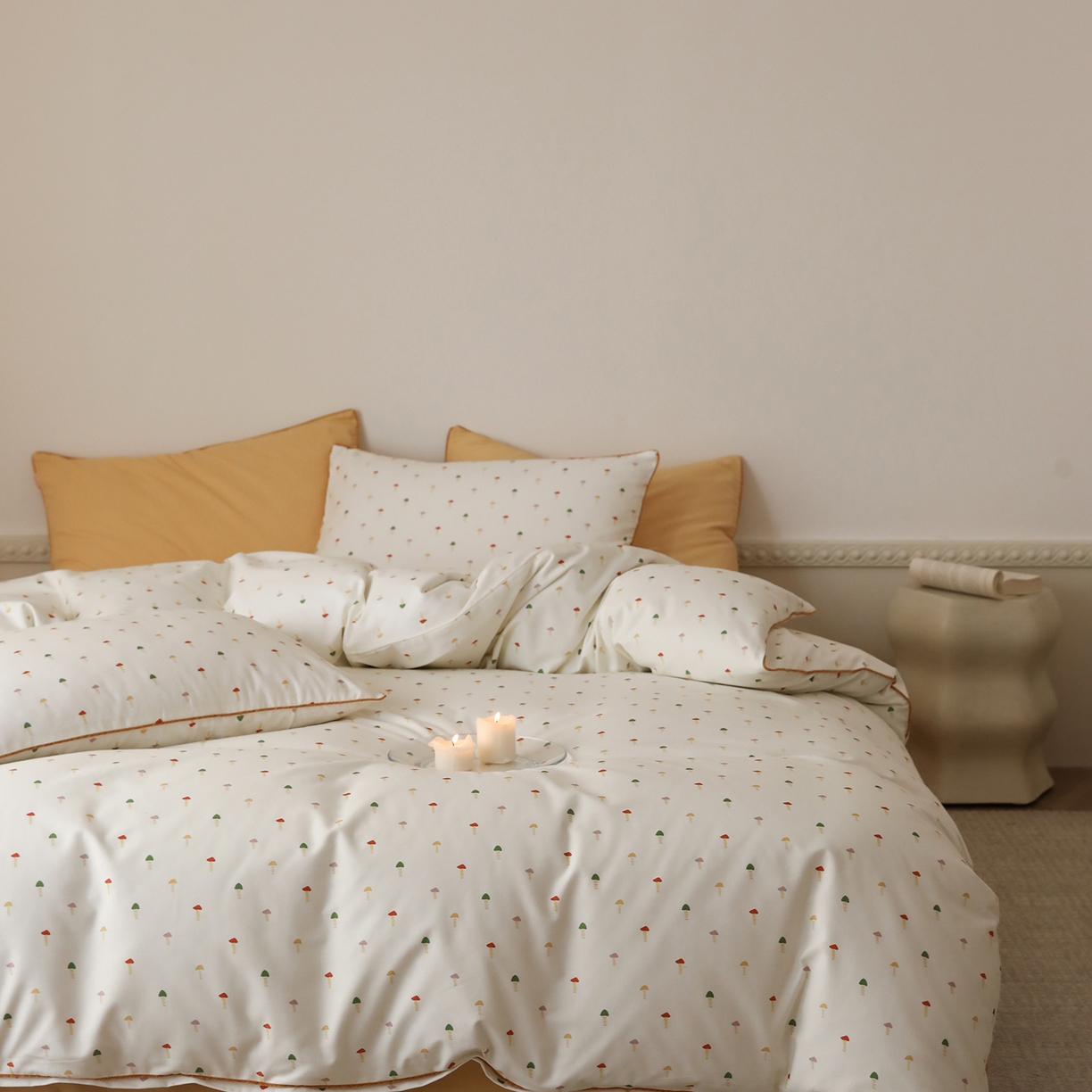 91家纺网 家纺一手货源 找家纺 时年家纺 2025新款全棉纯棉生态磨毛嵌绳款系列四件套 芝士蘑菇