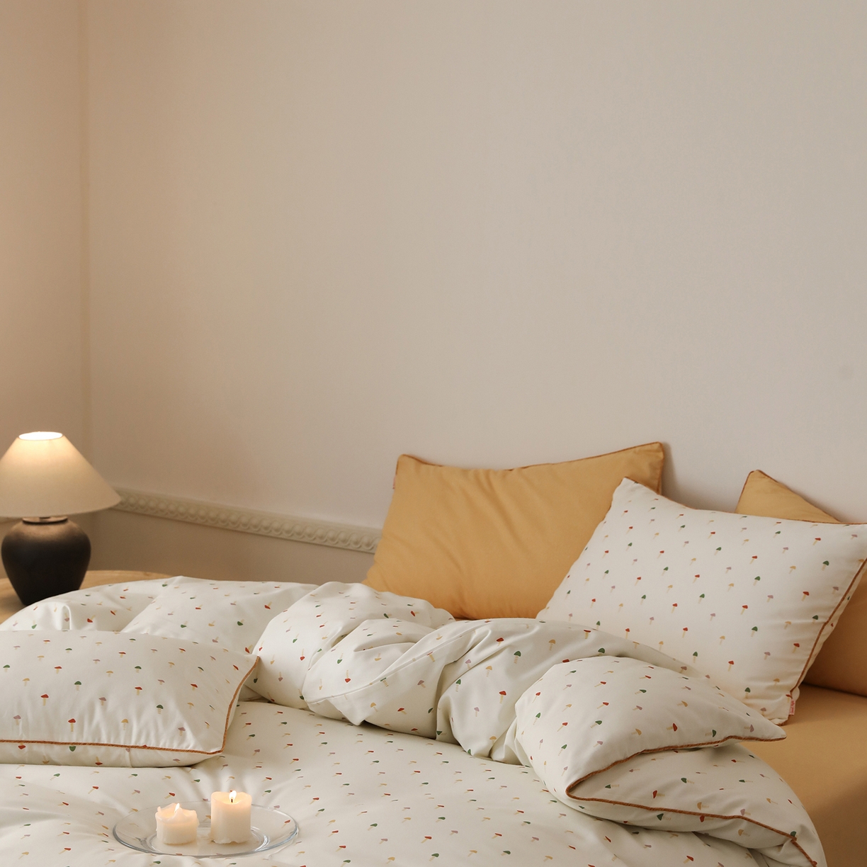 91家纺网 家纺一手货源 找家纺 时年家纺 2025新款全棉纯棉生态磨毛嵌绳款系列四件套 芝士蘑菇