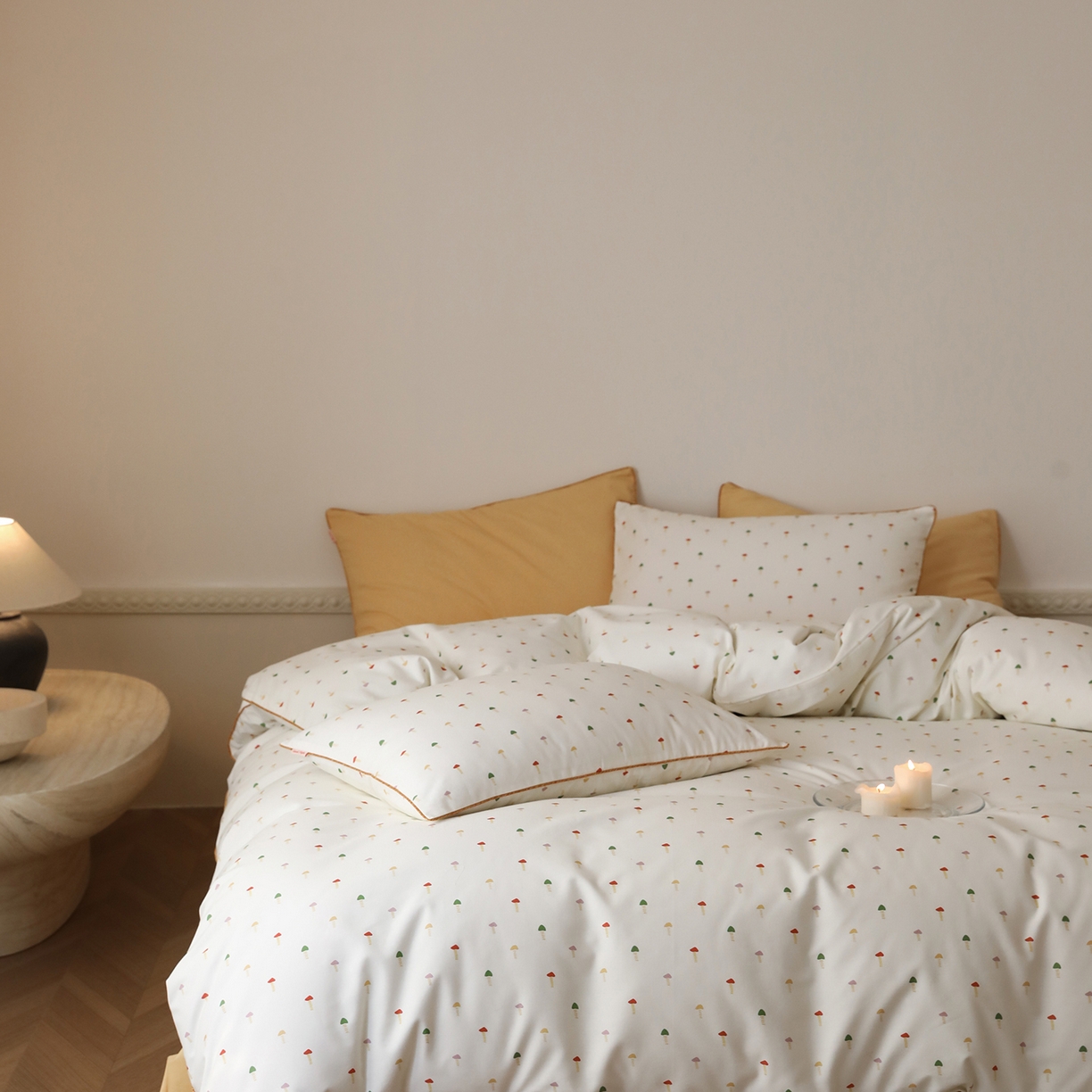 91家纺网 家纺一手货源 找家纺 时年家纺 2025新款全棉纯棉生态磨毛嵌绳款系列四件套 芝士蘑菇