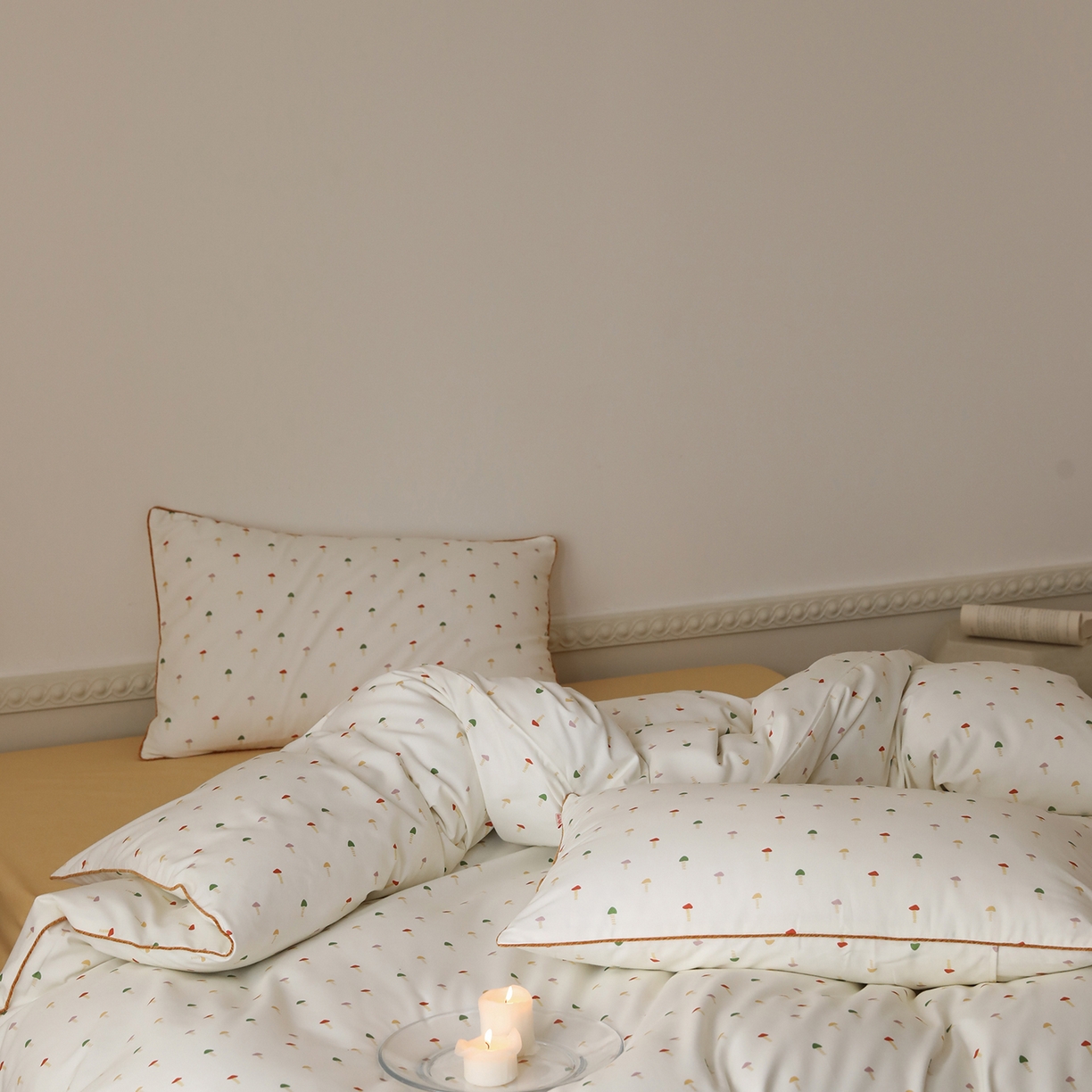 91家纺网 家纺一手货源 找家纺 时年家纺 2025新款全棉纯棉生态磨毛嵌绳款系列四件套 芝士蘑菇