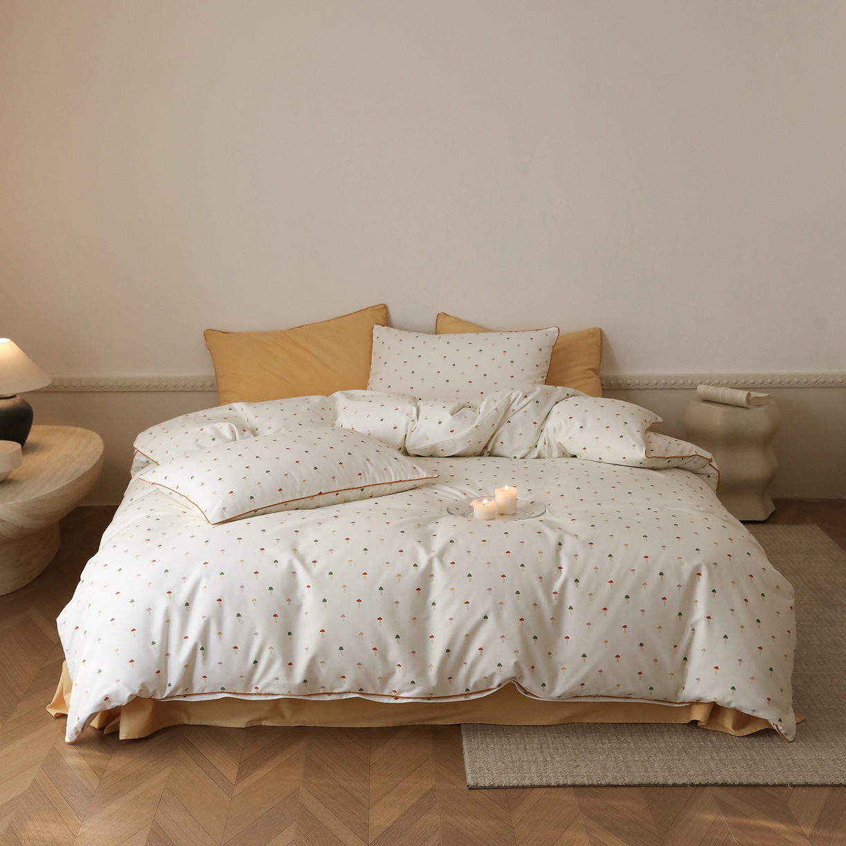 91家纺网 家纺一手货源 找家纺 时年家纺 2025新款全棉纯棉生态磨毛嵌绳款系列四件套 芝士蘑菇