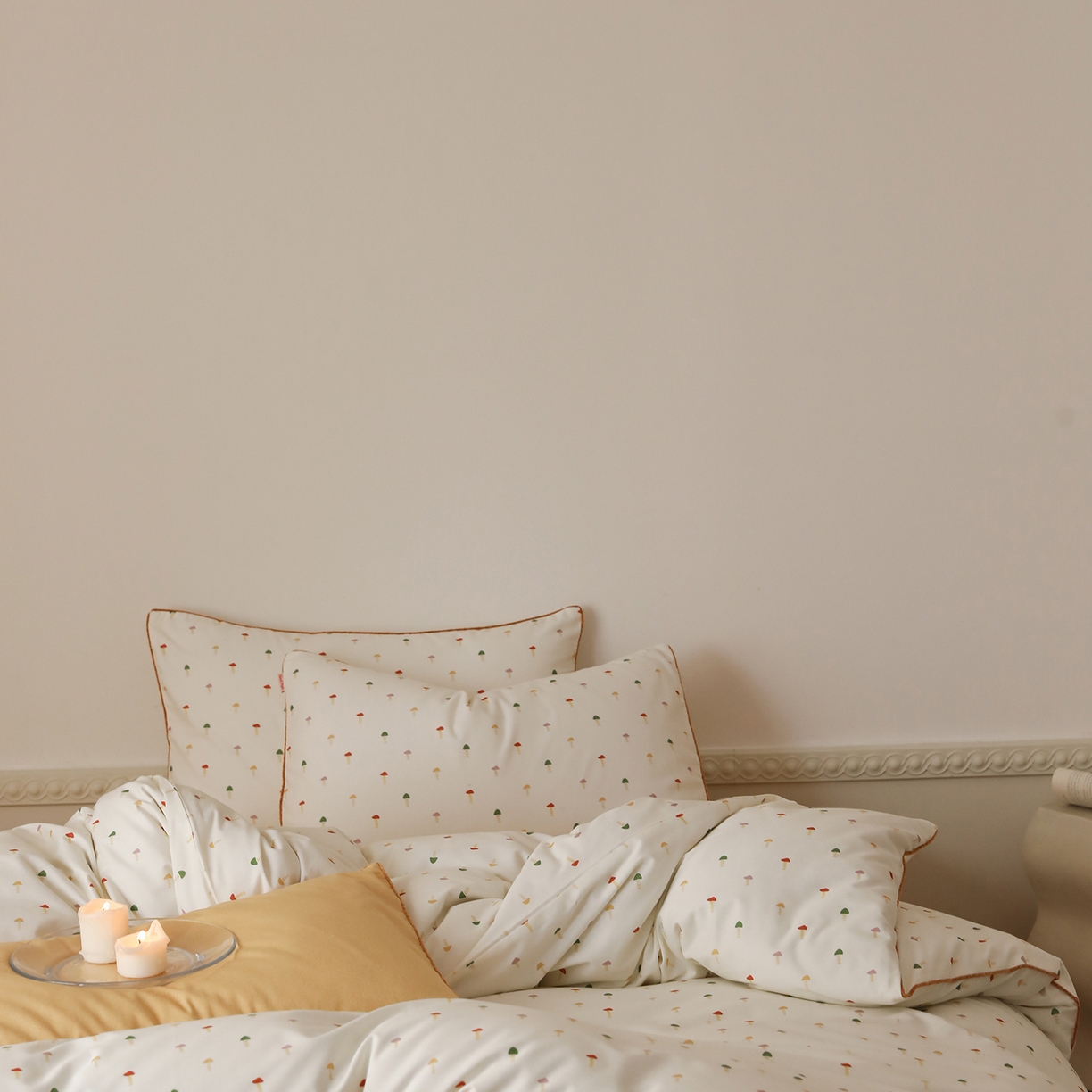 91家纺网 家纺一手货源 找家纺 时年家纺 2025新款全棉纯棉生态磨毛嵌绳款系列四件套 芝士蘑菇