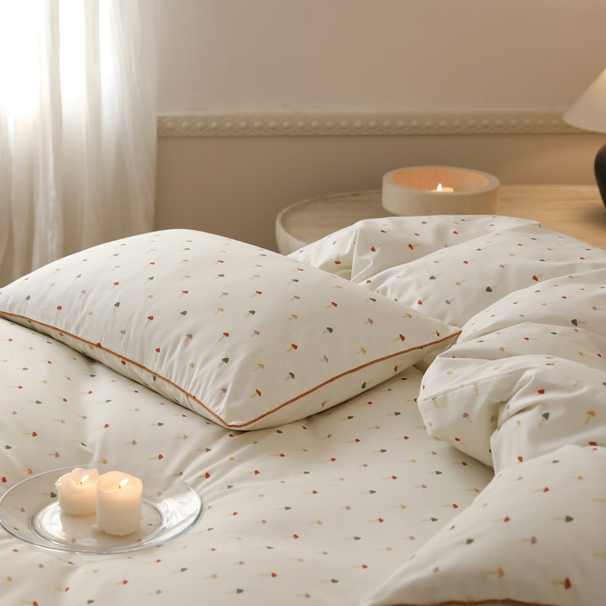 91家纺网 家纺一手货源 找家纺 时年家纺 2025新款全棉纯棉生态磨毛嵌绳款系列四件套 芝士蘑菇