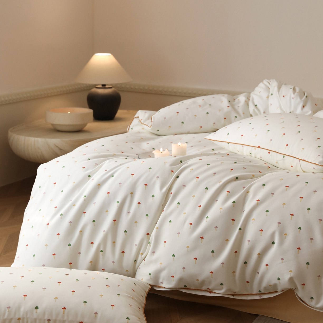 91家纺网 家纺一手货源 找家纺 时年家纺 2025新款全棉纯棉生态磨毛嵌绳款系列四件套 芝士蘑菇