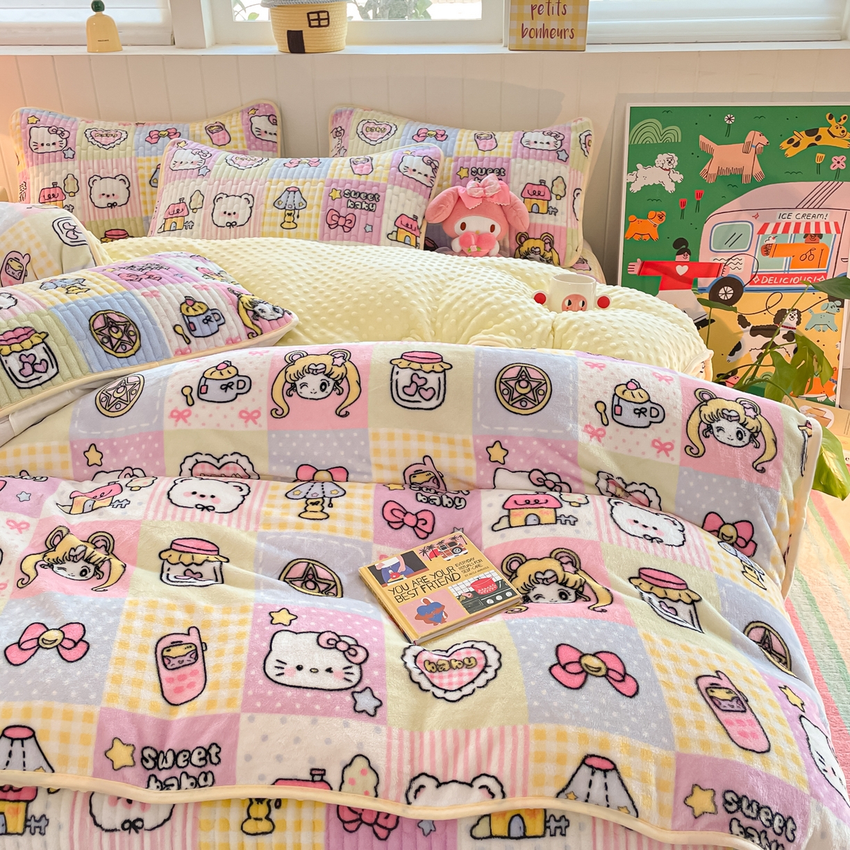 91家纺网 家纺一手货源 找家纺 贝扬思家纺 2025新款高克重牛奶绒豆豆被套床盖四件套-悦心系列 悦心-少女心