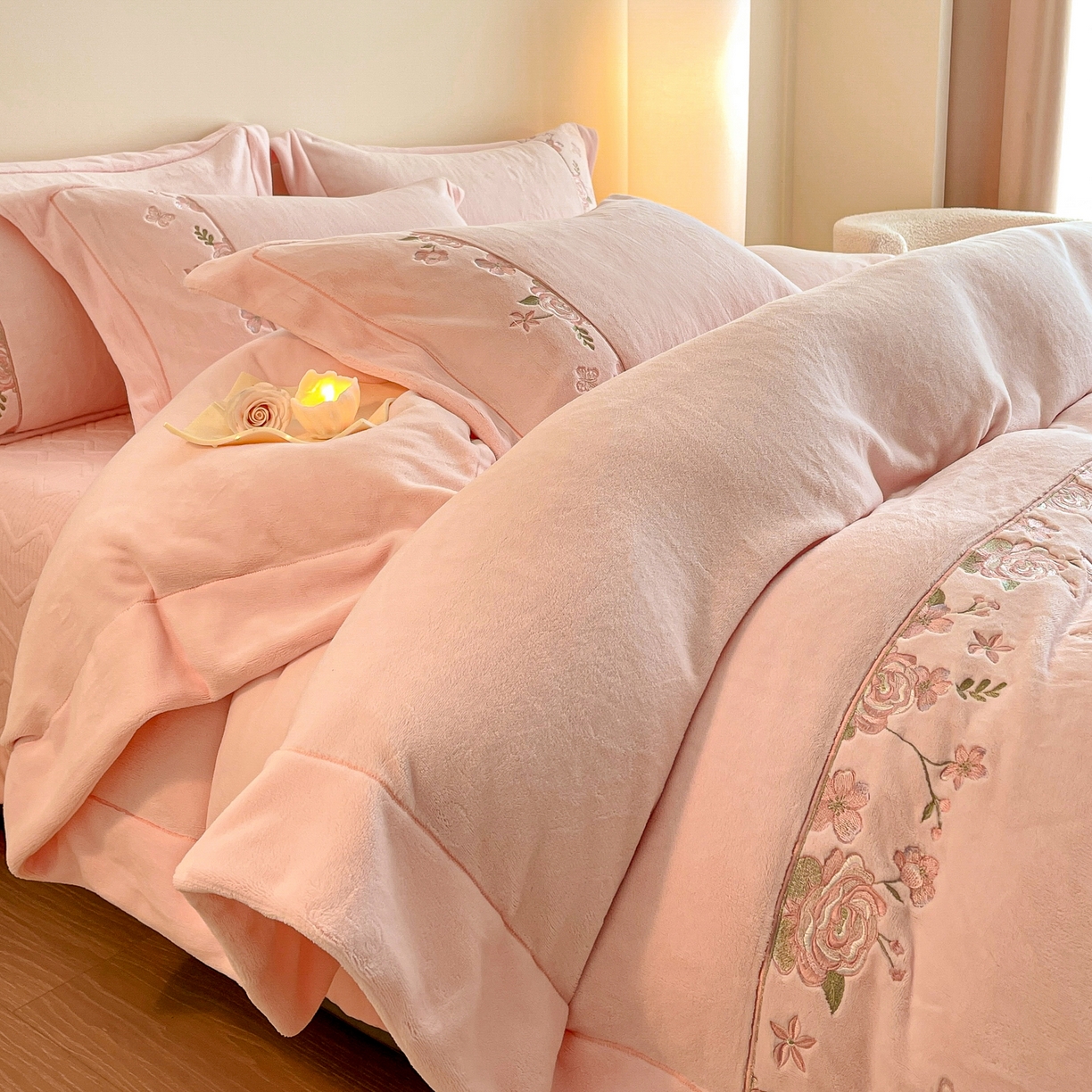 91家纺网 家纺一手货源 找家纺 新方向 2025新款高克重240克A类全消光刺绣牛奶绒四件套-花意浓 花意浓-蔷薇粉