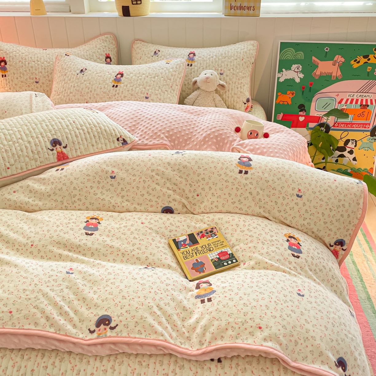 91家纺网 家纺一手货源 找家纺 贝扬思家纺 2025新款高克重牛奶绒豆豆被套床盖四件套-悦心系列 悦心-温柔痕迹